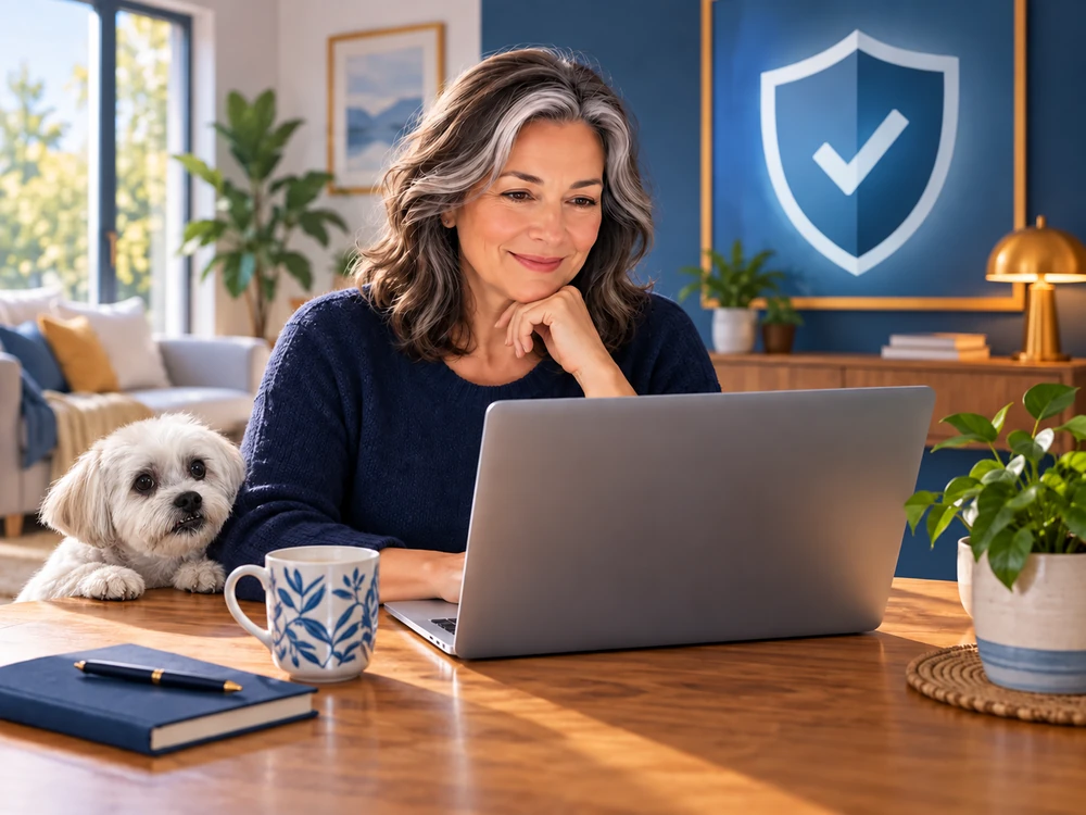 A client reviewing security on her laptop with Pippa beside her